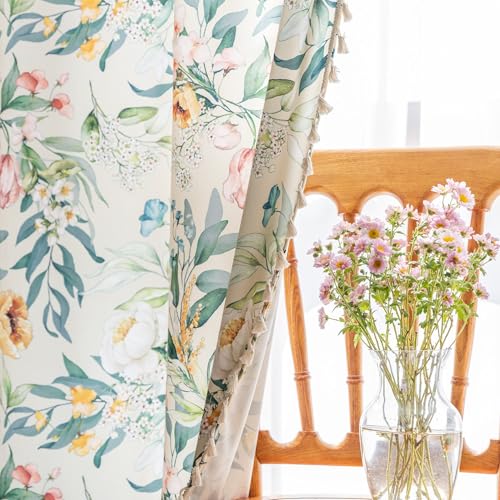 Image of Boho Floral Curtains French Country Farmhouse Curtains 54 Inches Long Light Filtering Window Rod Pocket Drapes for Living Room 2 Panels-Green Floral