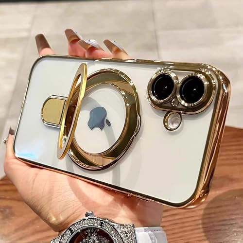 Image of Magnetic Ring Case for iPhone 16 Case Kickstand Compatible with MagSafe Built-in Camera Lens Protector Shockproof Phone Case for iPhone 16 6.1 inch - Gold
