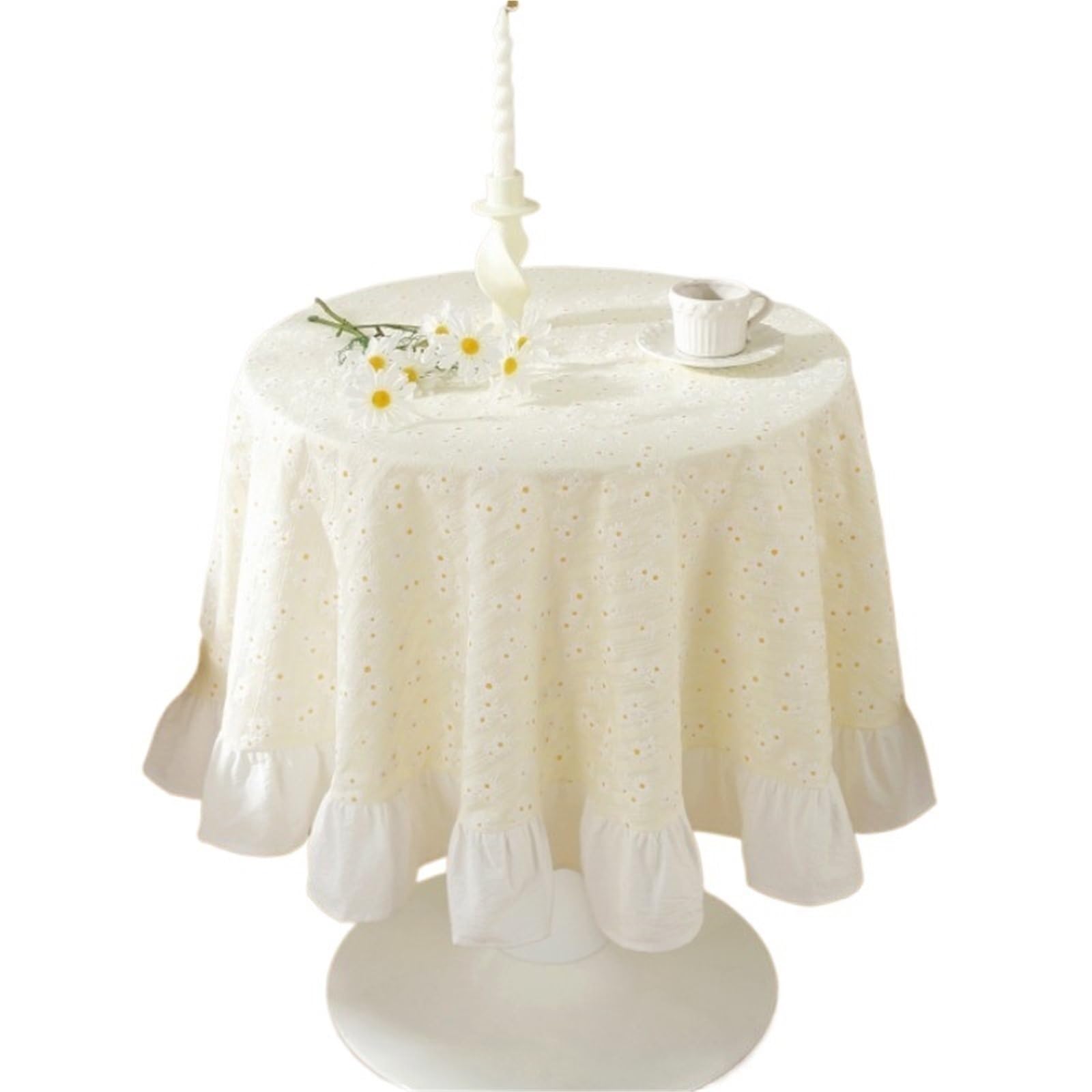 ZNTIHZ Cotton Linen Bedside Table Cover Solid Edge Decor Tablecloth Round For Tea For Furniture Dresser(Beige A,Diameter 150cm)
