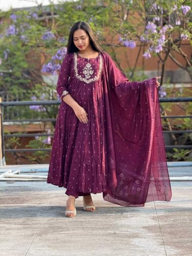 Image of AK TEWANIWomen's Cotton Embroidery Anarkali Kurti and Pant with Dupatta Set
