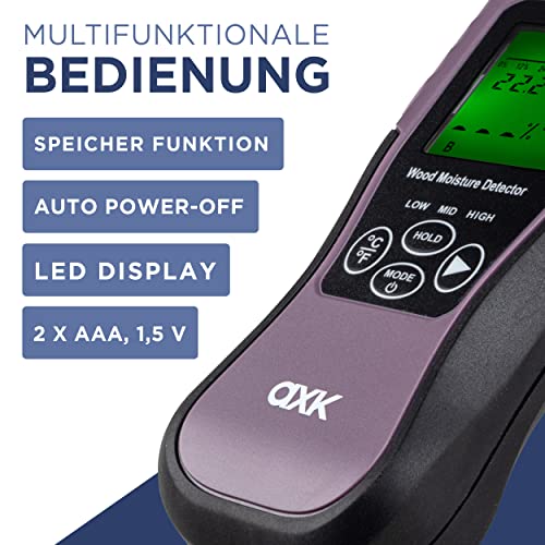 Foto von Axk Feuchtigkeitsmessgerät - Präziser Feuchtigkeitsmesser für Holz, Baustoffe, Wände, Estricht, Mauerwerk - Batteriebetriebener Feuchtemesser mit LCD Display - Inklusive 2x AA Batterien + Tasche