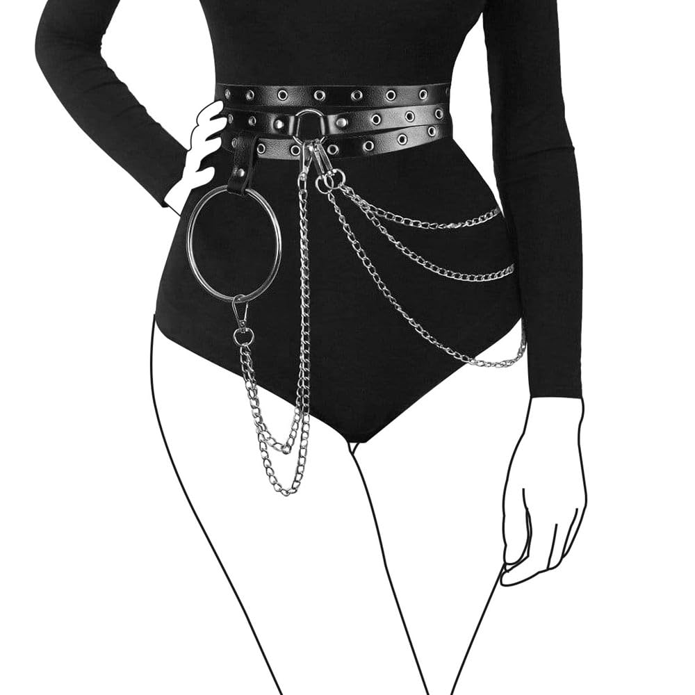 Womens Black Fashion PU Leather Waist Belt with Detachable Goth Body Chain Halloween Accessories Jewelry Belt for Women & Girls, Punk Rock Waist Belts for Jeans