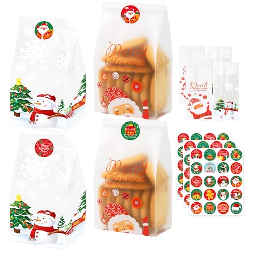 50 Stück Weihnachten Cellophantüten, 2 Designs Geschenktüten Weihnachten mit 60 Verschlussaufklebern | Plätzchentüten weihnachten zum Verpacken von Süßigkeiten, Schokolade, Geschenken