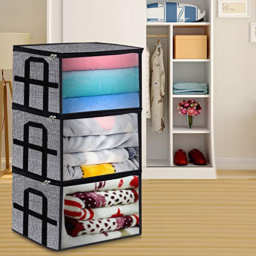 Foldable Large Comforter Storage Bags Organizers, Breathable Linen Closet Organizers for Blankets, Clothes, Create Extra Storage with Clear Window, Set of 3 Black with Printing - Thumbnail 5
