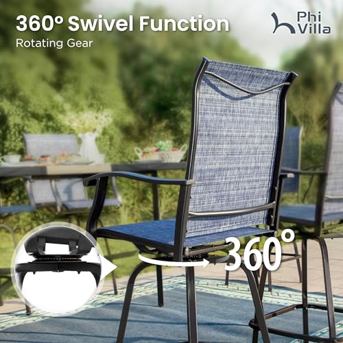 Image of PHI VILLA 3Pcs Outdoor Swivel Bar Stools Set, Bar Height Patio Table and Chairs with All Weather Textilene Fabric, Pub Bar Bistro Tall Furniture Set for Outdoor, Blue
