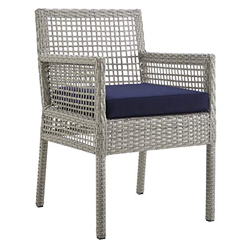 Modway Aura Wicker Rattan Outdoor Patio Dining Arm Chair With Cushion In Gray Navy #TOP1