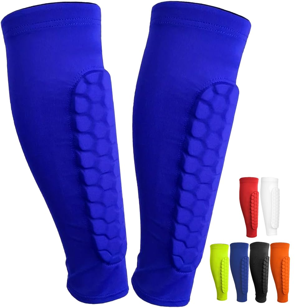 Espinilleras de fútbol para niños, jóvenes y adultos, manga de compresión de pantorrilla con almohadillas de panal, equipo de fútbol ligero protector de pantorrilla para fútbol, béisbol, boxeo (azul