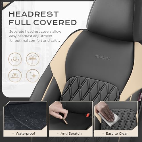 Image of Coverado Front Seat Covers, Car Seat Covers for Cars, Faux Leather Driver Seat Covers, Waterproof Car Seat Cushion, Front Auto Seat Covers Luxury Car Seat Protector Universal Fit Most Cars Black&Beige