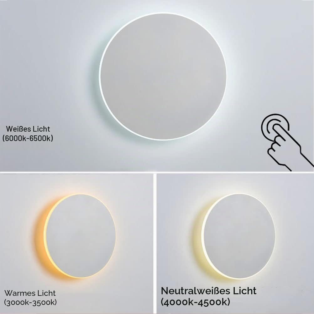 LED White Rund Wandleuchte Innen mit Touch Schalter 12W Modern Wandlampe Verstellbar 3 Farbtemperatur Nachttischlampen Schlafzimmerlampe Treppe Flur Wandleuchtung für Wohnzimmer Hotel Kinderzimmer