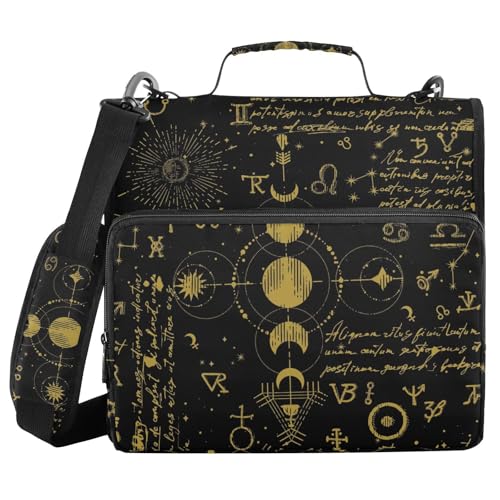 Image of 3 Ring Zipper Binder with Shoulder Strap Sun Moon Astrology Boho 1.5 inch Binders Keeper Large Capacity Multi Pockets for School Office Supplies
