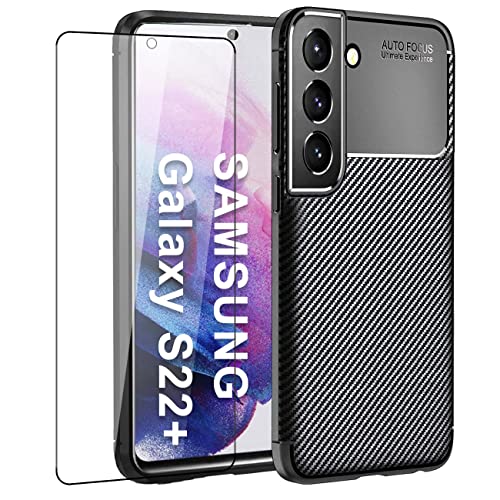 IEMY Coque pour Samsung Galaxy S22 Plus / S22+ + 1PCS Protecteur D'écran en Verre Trempé, Fibre de Carbone Silicone Souple TPU Étui Anti-Choc Anti-Rayure Anti-Rayures Protection Case - Noir Cover