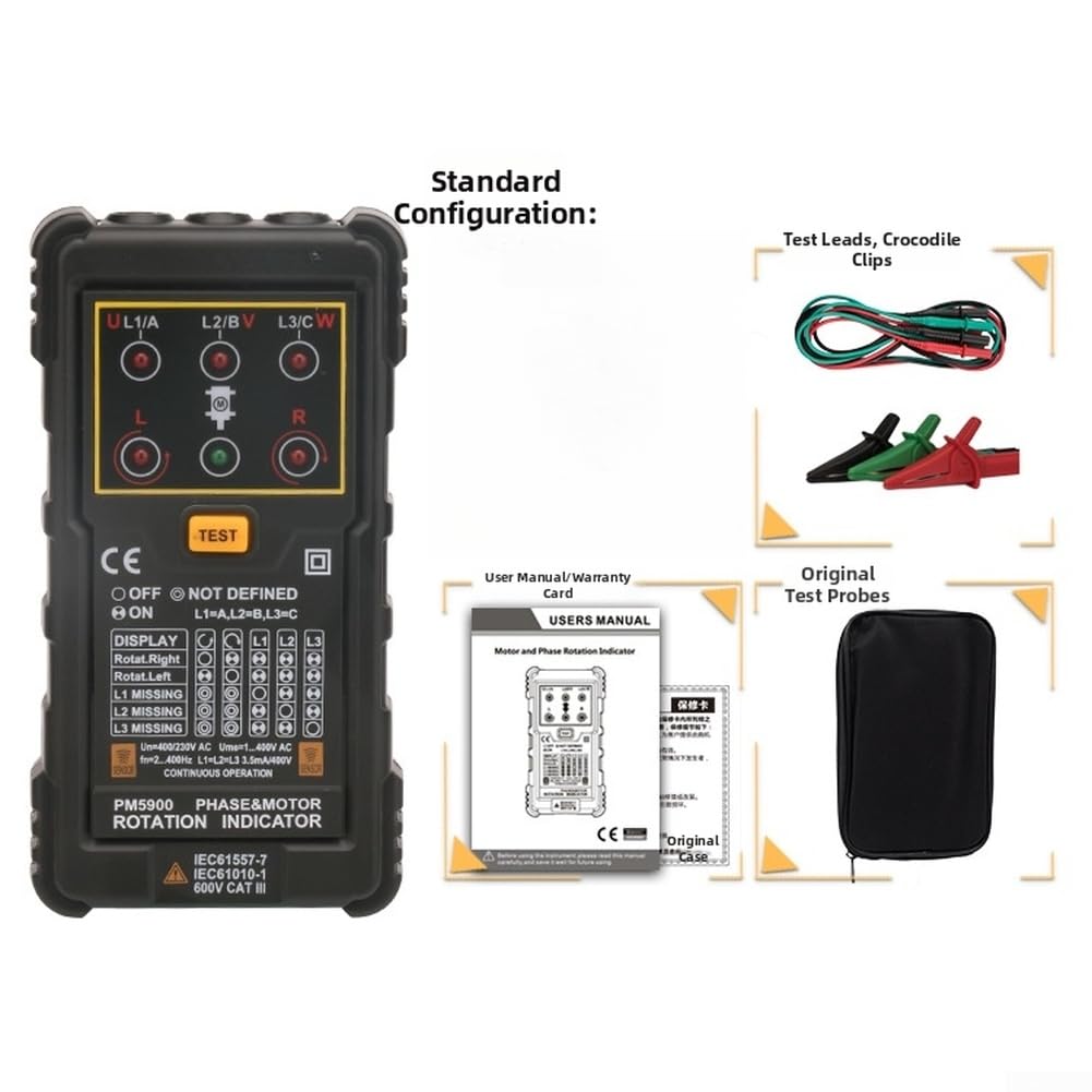PEAKMETER PM5900 Berührungsloser Phasenfolger für 3-Phasen AC 120V-400V, Motor-Drehfeldprüfer mit R/L-Anzeige, für frequenz 2Hz-400Hz, Kompaktes Messgerät für Elektriker im Feld