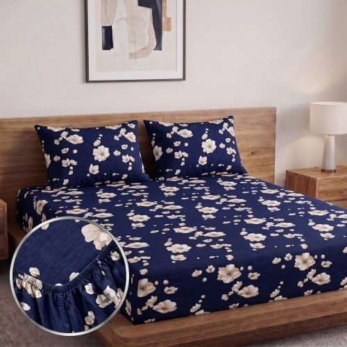 Image of Home Sizzler Microfibre 210TC Navy Blue Blossoms Elastic Fitted Double (72 X 78) Bedsheet with 2 Pillow Covers