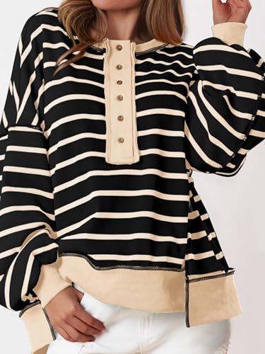 PRETTYGARDEN Womens Fall 2025 Striped Oversized Sweatshirt Long Sleeve Button Up Henley Neck Waffle Knit Pullover Tunic Tops2