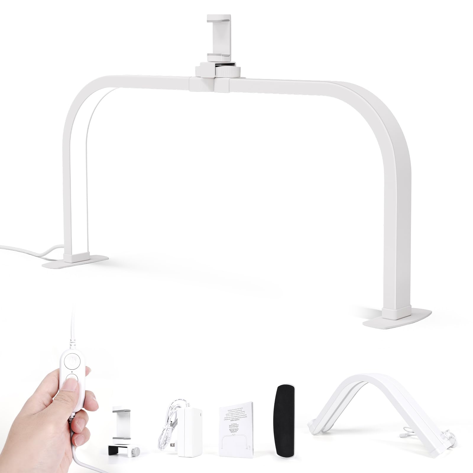 Lampada Mezza Luna Estetica, 72CM 40W Lampada Estetista da Tavolo per Unghie, Lampada Extension Ciglia con Porta Cellulare, Half Moon Light con 3 Modalità 10 Luminosità per Tatuaggi Manicure- Bianco