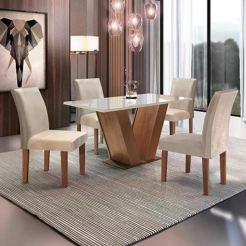 Conjunto Sala de Jantar Mesa Tampo de Vidro 4 Cadeiras Espanha Yescasa Chocolate/Suede Bege