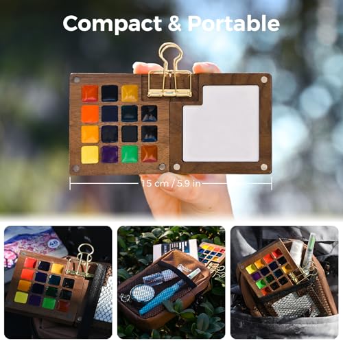 Funto Mini Wasserfarben-Set, All-In-One Nussholz 15-Farben Premium Pocket Travel Paint Kit, mit Crossbody-Tasche, Wasserfarben-Tagebuch, Metallklammer,Malwassertasse