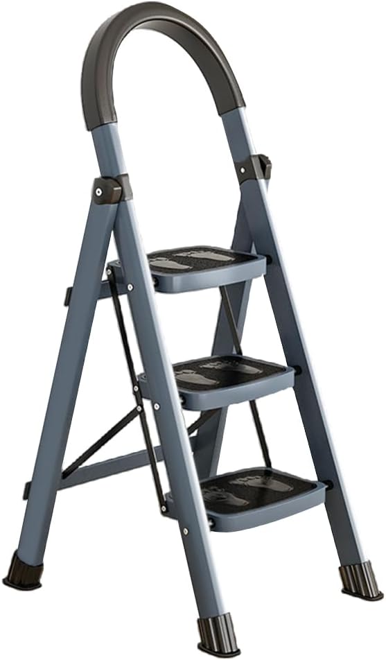 Hershii Step Ladder 3 Step Foldable Stool 330lbs Capacity Heavy Duty with Handle, Anti-Slip Wide Pedals Lightweight Stepladder for Household, Painting, Plant Displaying - Grey