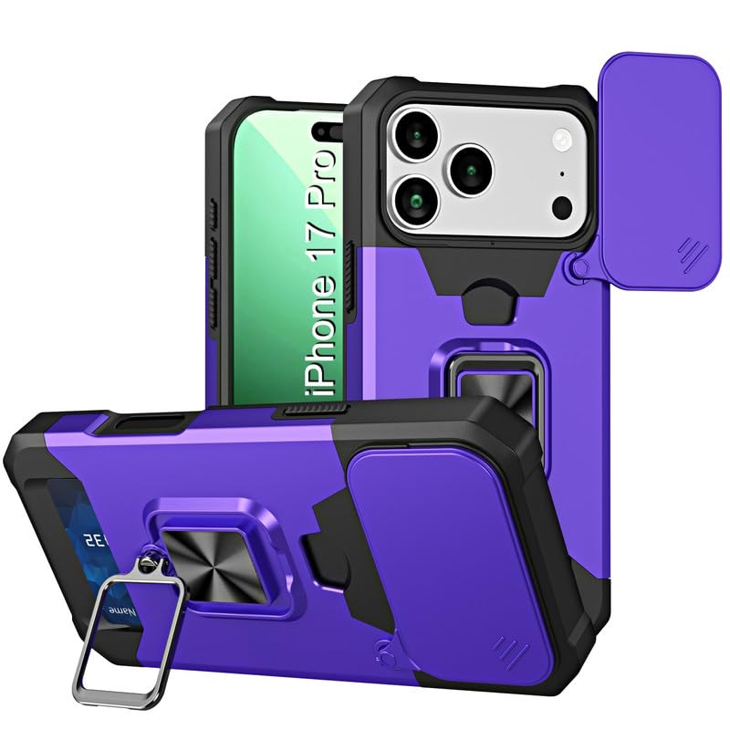 Image of LuxuryKase Shockproof Armor Case for iPhone 17 Pro | Slide Camera Cover | Hidden Card Slot | Rotating Ring Kickstand | Magnetic Car Mount Support | Military Grade Protection - Purple