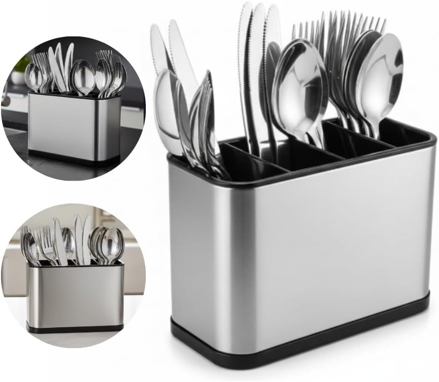 Escorredor de Talheres Inox com 4 Divisórias – Suporte Organizador de Utensílios para