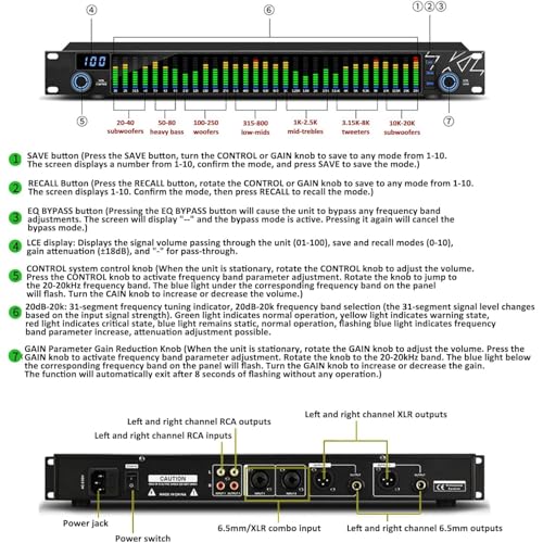 Ecualizador gráfico digital con LED de 31 bandas, pantalla de espectro, 10 preajustes guardables y ajustes independientes (graves/medios/agudos), reducción de ruido, para estudio de grabación, negro miniatura 6