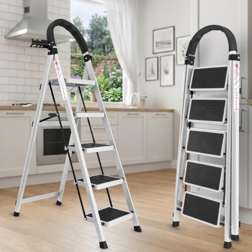 Image of Casa Copenhagen White 5 Step Ladder for Home Use with Built-in Tool Tray | Heavy Duty D Shape Rods | Ultra Large Platform | Wide Rubber Feet | 150Kg Capacity Foldable Ladder - 7 Years Warranty