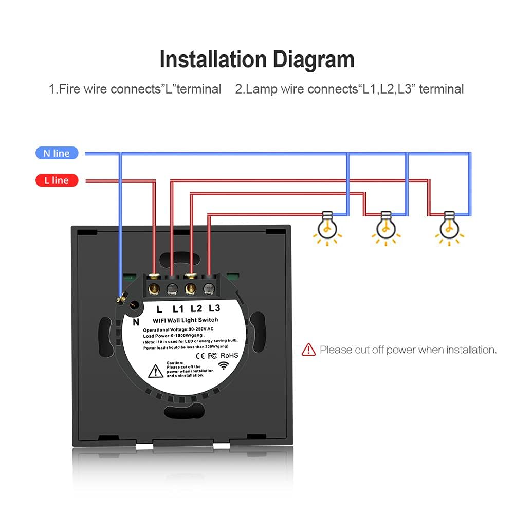 Interruptor de luz de panel de pared táctil Wi-Fi inteligente, requiere cable neutro(Touch 2 Gang)
