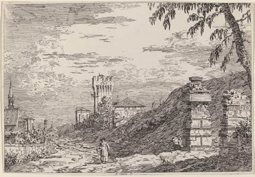 Tableau paysage Canaletto 60x90cm vintage avec tour et deux piliers pour mur de chambre