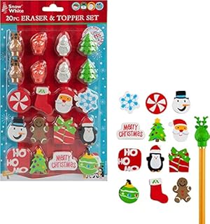 VFM - Christmas Eraser Topper Set, Stocking Fillers, Colouring, Christmas Eve Box Gifts, Xmas, Novelty Eraser, Present Ideas, Festive, Great Value, 20 Pack
