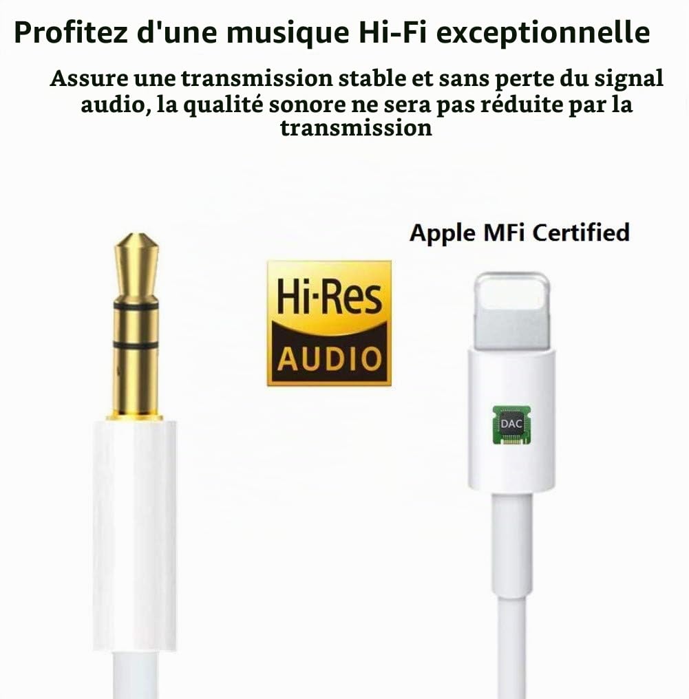 Cordon auxiliaire iPhone voiture adaptateur Lightning vers prise casque 3,5 mm compatible iPhone 14 13 12 11 XS XR X 8 7