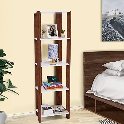 Image of ABOUT SPACE Book Shelf - 4 Tier 5 ft Versatile Book Stand for Home Library, Modern Slim Open Display Rack Shelf Engineered Wood with Unique Design for Living Room - Oak Red (L 45 x B 28.5 x H 154 cm)