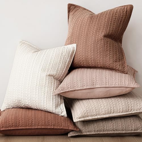 Image of Foindtower Set of 2 Decorative Cotton Waffle Weave Throw Pillow Covers Euro Shams Cushion Covers Accent European Pillowcase for Bed Couch Sofa Bedroom Living Room Home Decor 22x22 Inch Coral Pink