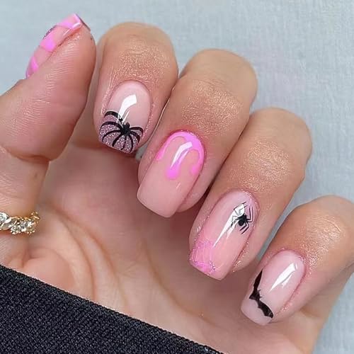 Jremg Halloween Press on Nails Short Square Fake Nails Glossy Pink Glitter Pumpkins Blood Full Cover Stick on Nails Acrylic Nails with Pink Glitter Spider Web Ghost Bat Design for Women Girls 24Pcs