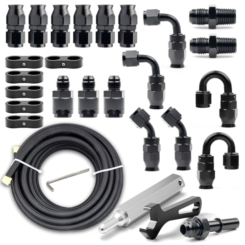 Medoon 8AN PTFE Fuel Line Kit 13/32 Nylon Stainless Steel Braided LS Swap EFI E85 Injection Fuel Hose Fitting AN8 26FT