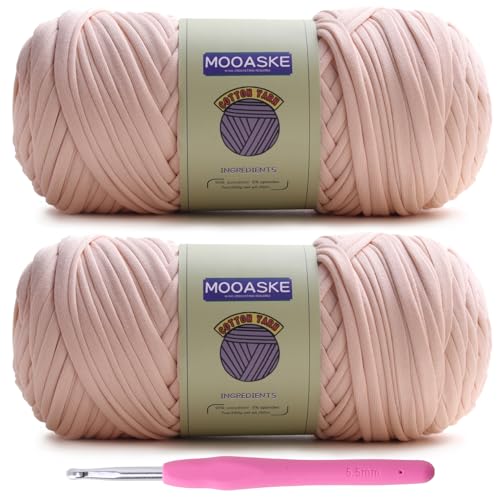 Image of Mooaske 2 Pack T-Shirt Crochet Yarn for DIY Knitting Crochet Cloth Blanket Bag Dolls - 400g Chunky Thick Yarn for Crocheting with Polyester-Spandex Blend Elastic Fabric (Beige)