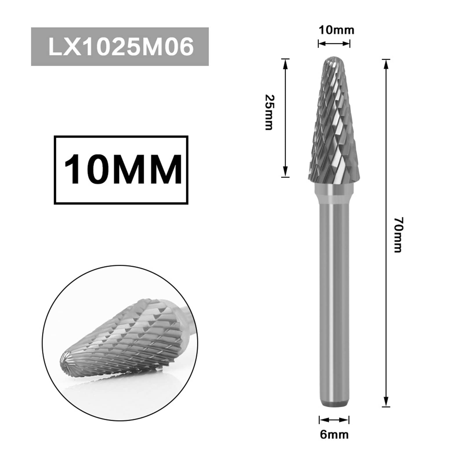 Boxonly Tungsten Carbide Rotary Burr Die Grinder Bits Double Cut 1/4" Shank Rotary Tool Grinding Head Diameter 10mm for Woodworking Drilling DIY Engraving Metal Polishing LX1025M06 - Image 2