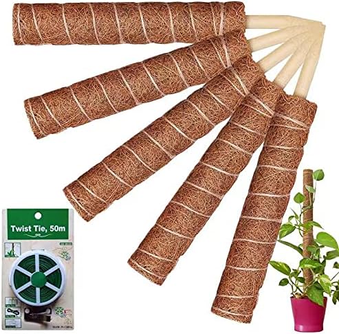 Moss Pole 5 Pack Pole Wood Moss Stick for Potted Plants Natural Fibre Coir for Pothos Money Plant Monstera Areca Palm Plant Pole Moss Stick for Potted Plants-15.9" Height/pcs with 50m twist Ties