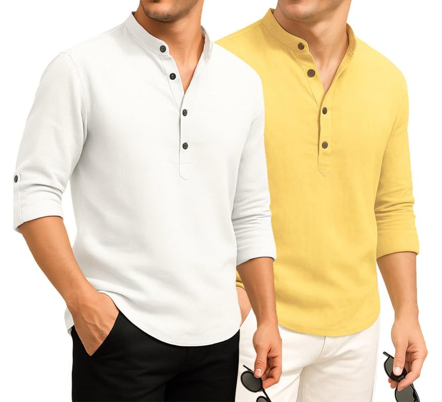 Image of DEELMO Combo of Men's Cotton Blend Solid Regular Fit Full Sleeve Short Kurta | Men's Trendy Short Kurta Pack of 2