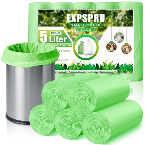 Expspru Small Biodegradable Trash Bags 1.2 Gallon / 5L Compost Bags - Strong Bin Liners, Durable & Leak-Proof Garbage Bags for Bathroom, Office, Bedroom, Kitchen - Green,120 Count