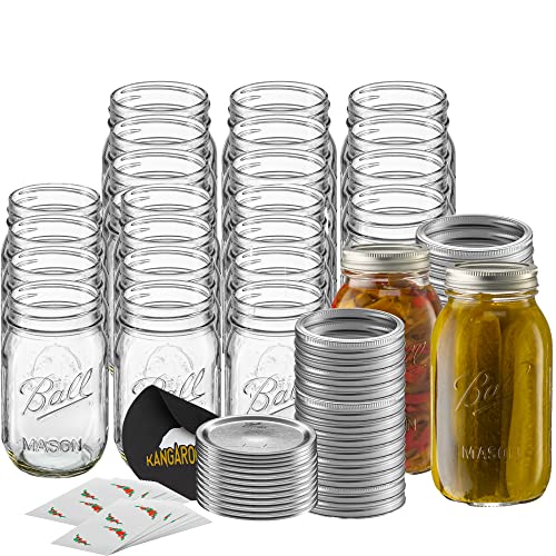 KanBandz Ball Regular Mouth 16-Ounces Mason Jar with Lids and Bands (24-Units), 24-Pack, AS SHOWN Bundled Non-Slip Jar Opener And Pack Of Self Stick Jar Labels.