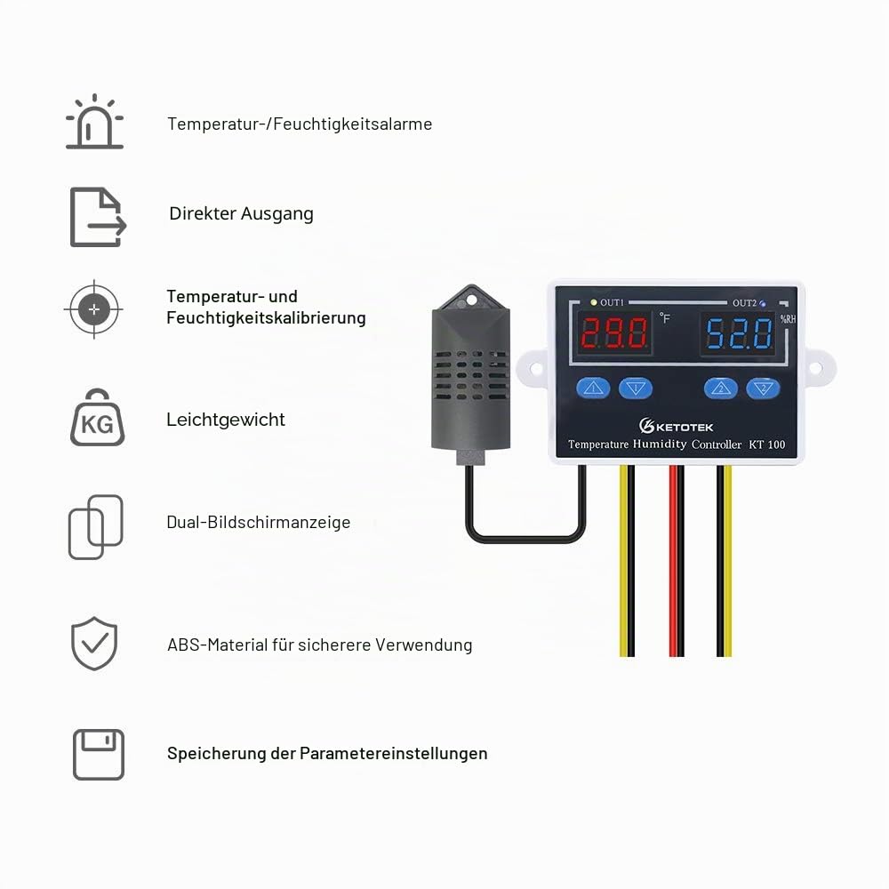 KETOTEK Digitaler Temperatur Feuchtigkeit Regler 230V Temperaturschalter mit fühler, Feuchtigkeitsregler Temperaturregler Luftfeuchtigkeitsregler 220V, Hygrostat Schalter Inkubator Pilz