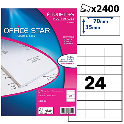 OFFICE STAR - Boite de 2400 étiquettes autocollantes blanches multi-usages, format 70 x 35 mm, personnalisables et imprimables tous types d'imprimantes laser, jet d'encre, copieur
