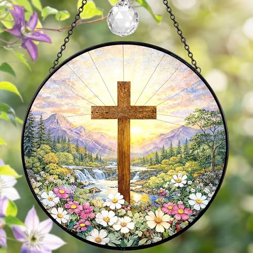 Stained Glass Window Hanging Cross Suncatcher 7.8 Inch Christian Home Decor Sun Catcher for Windows Sun Catchers Indoor Window Decor Christian Gifts for Women Mom Grandma (Christian)