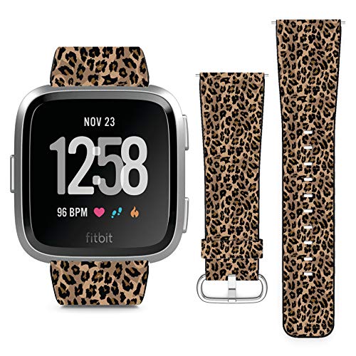 Compatible with Fitbit Versa, Versa 2, Versa Lite, Leather Replacement Bracelet Strap Wristband with Quick Release Pins // Leopard Design