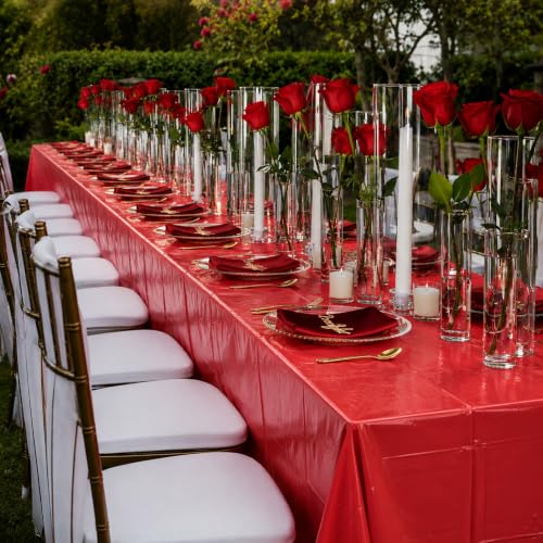 Image of Blue Orchards Red Plastic Table Cover (Pack of 3 with 20 Glue dots) - 54 inch x 108 inch - Bright Red Waterproof Disposable Tablecloth, Birthday, Baby Shower, Party Supplies, Graduation, Holiday Decorations