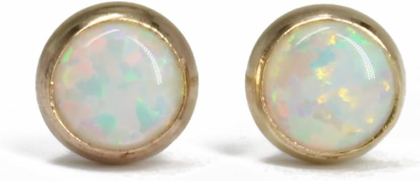 Handmade Opal Stud Earrings in 14k Gold Fill, 4mm Round Bezel Simulated Opals for Women