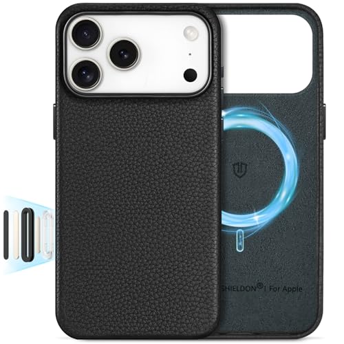 Image of SHIELDON Genuine Leather Case for iPhone 17 Pro Max 6.9 inch, Pebbled Black | Compatible with MagSafe, Magnetic Wireless Charging, Camera Button, Metal Buttons, Camera Bezel, Slim, Shockproof, Women Men
