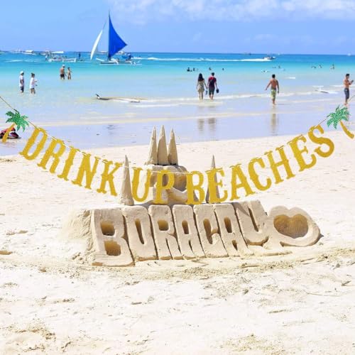 Gold Glitter Drink Up Beaches Banner Drink Up Beaches Coconut Tree Banner- Hawaii Luau Summer Beach Party Decoration Supplies