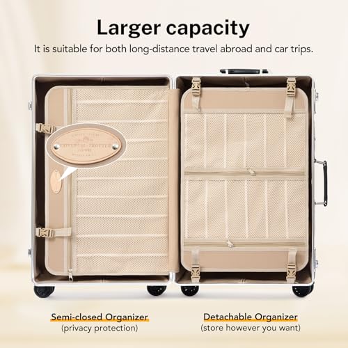 Image of Vintage PU Leather Luggage Set, Retro Trunk Suitcase with Wide Aluminum Frame, TSA Key Locks and Smooth 360 Spinner Wheels (Ivory Signature,26 inch+12 inch)
