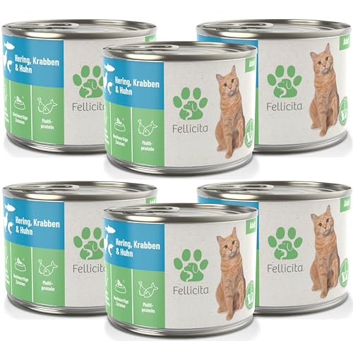 Fellicita Premium Nassfutter für Katzen, Hering, Krabben und Huhn, 6er Pack, 6 x 200g, Multiprotein, hochwertiges Katzennassfutter, getreidefrei, leckere Pastete, Alleinfuttermittel